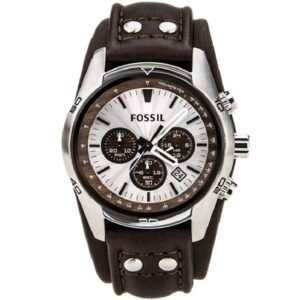 Fossil CH2565 Coachman reloj de cuero cafe genuino y dial blanco para caballero