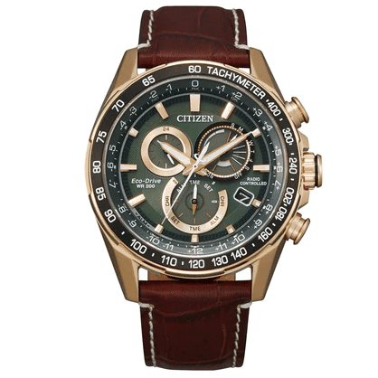 Citizen PCAT World Time Chronograph Green Dial CB5919-00X reloj brazalete de cuero para hombre