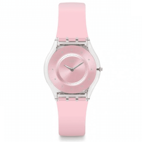 Swatch Skin Classic Pink Pastel SFE111 reloj rosado con movimiento de cuarzo para mujer